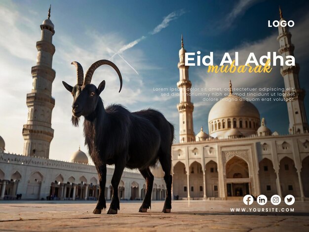 Happy eid al adha poster template with a eid al adha background of a goat