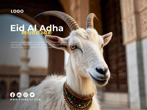 PSD happy eid al adha poster template with a eid al adha background of a goat