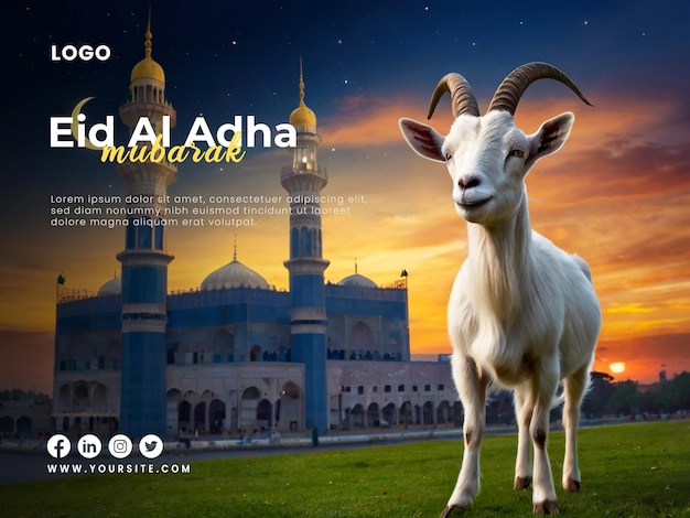 Happy eid al adha poster template with a eid al adha background of a goat