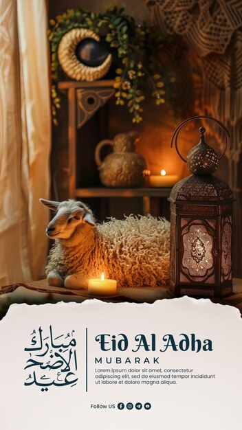 PSD happy eid al adha social media post with islamic decoration background with goat sheep arabic lanter