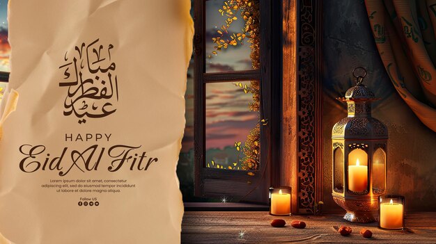 PSD happy eid al fitr banner template arabic with lantern with burning candle in front of open window