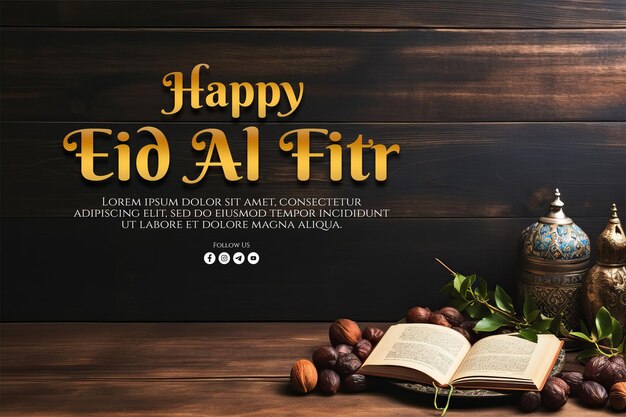 PSD happy eid al fitr banner template with ramadan approaching with quranic theme on wooden background