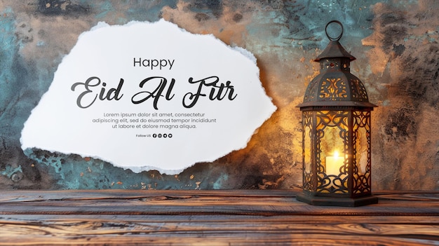 PSD happy eid al fitr banner template with ramadan lantern on wooden table textured wall background