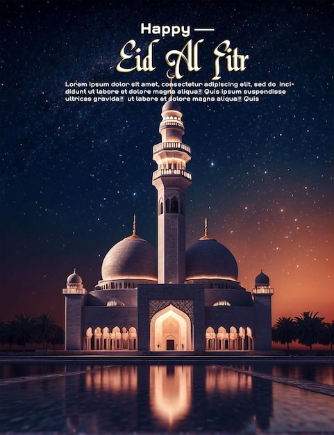 Happy Eid al Fitr Islamic design with mosque and moon