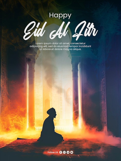 PSD happy eid al fitr poster template with silhouette of muslim man worshiping and praying for fasting