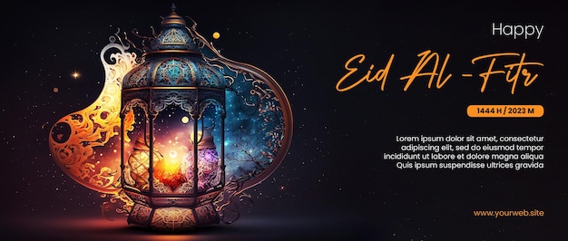 happy eid al fitr poster with arabic lantern background and outer space