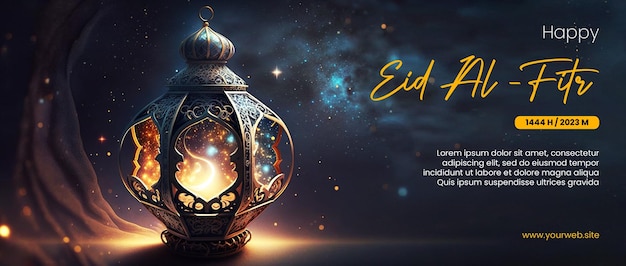 happy eid al fitr poster with arabic lantern background and outer space