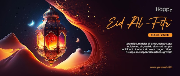 happy eid al fitr poster with arabic lantern background and outer space