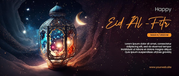 happy eid al fitr poster with arabic lantern background and outer space