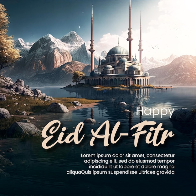 happy eid al fitr social media post with mosque lake and mountains background creative ai image