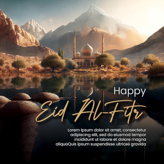 happy eid al fitr social media post with mosque lake and mountains background creative ai image