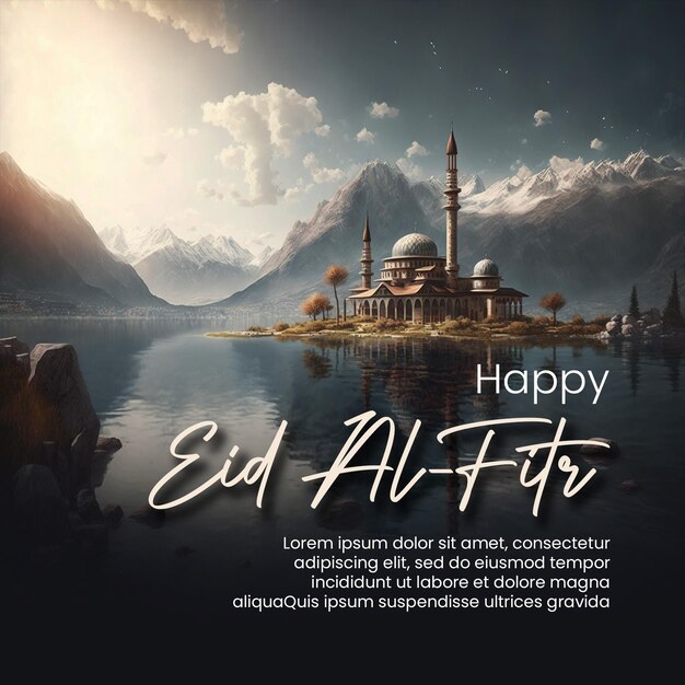 happy eid al fitr social media post with mosque lake and mountains background creative ai image