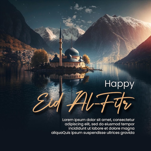 happy eid al fitr social media post with mosque lake and mountains background creative ai image