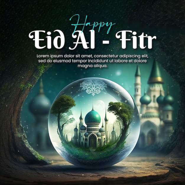 Happy Eid AlFitr banner with a mosque background inside a crystal ball looks very beautiful