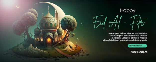 Happy Eid AlFitr banner with a mosque background