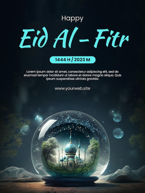 Happy Eid AlFitr greeting poster with a mosque background inside a crystal glass ball