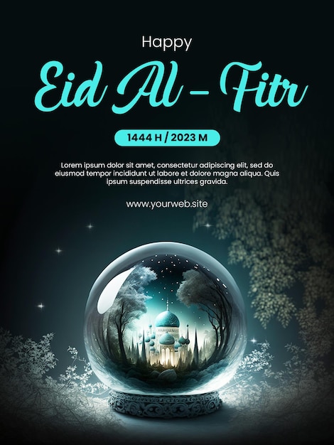 Happy Eid AlFitr greeting poster with a mosque background inside a crystal glass ball