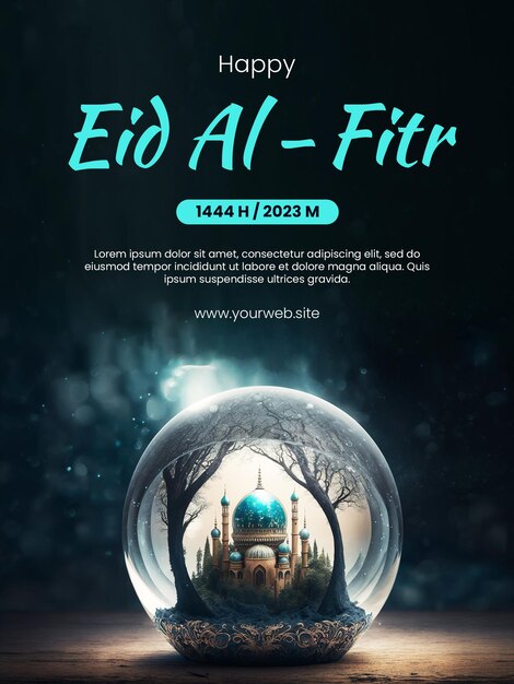 Happy Eid AlFitr greeting poster with a mosque background inside a crystal glass ball