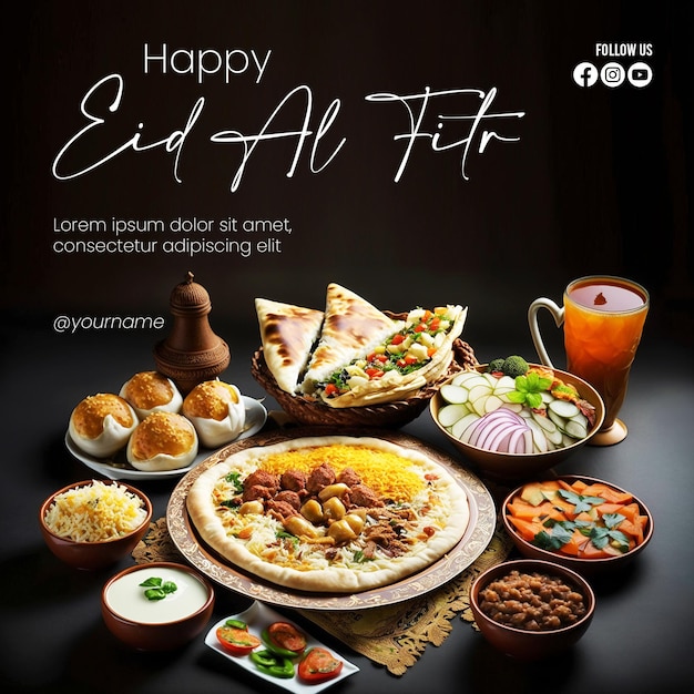 PSD happy eid alfitr poster with a background of delicious food and drinks with an islamic theme