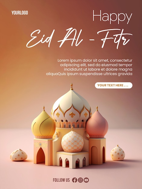 Happy Eid alFitr poster with cute pastel color miniature mosque background