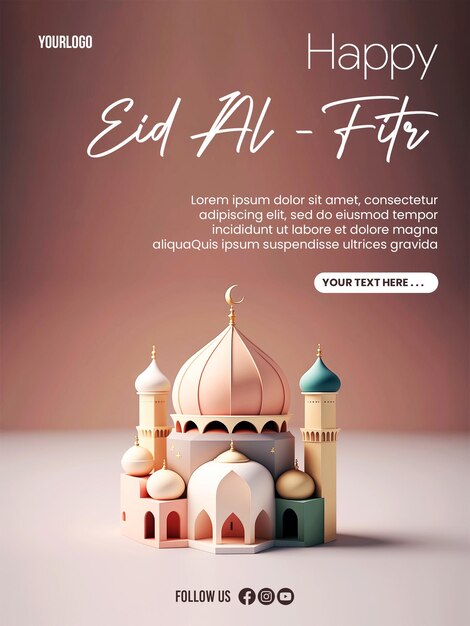 Happy Eid alFitr poster with cute pastel color miniature mosque background