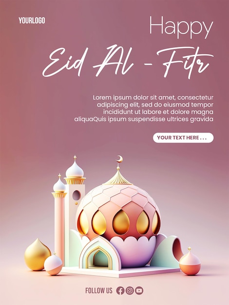 Happy Eid alFitr poster with cute pastel color miniature mosque background