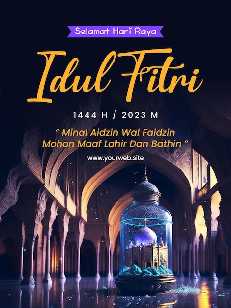 Happy Eid AlFitr poster with lanterns and mosques in the background