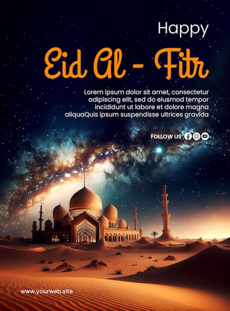 Happy Eid alFitr poster with a mosque background and the milky way sky creative ai image