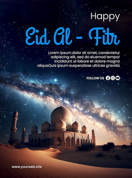 Happy Eid alFitr poster with a mosque background and the milky way sky creative ai image