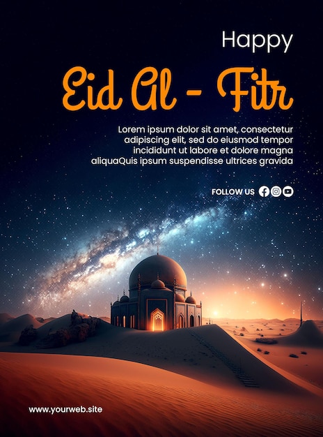 Happy Eid alFitr poster with a mosque background and the milky way sky creative ai image