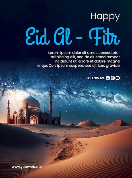 Happy Eid alFitr poster with a mosque background and the milky way sky creative ai image