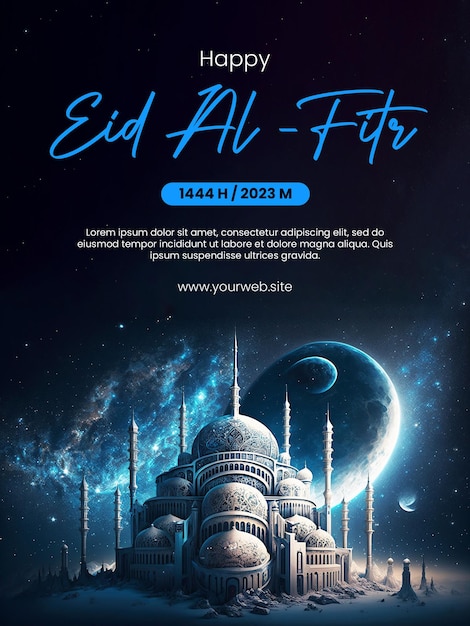 Happy Eid AlFitr poster with a mosque background with a space theme