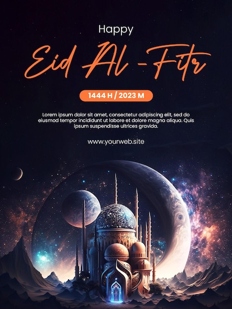 Happy Eid AlFitr poster with a mosque background with a space theme