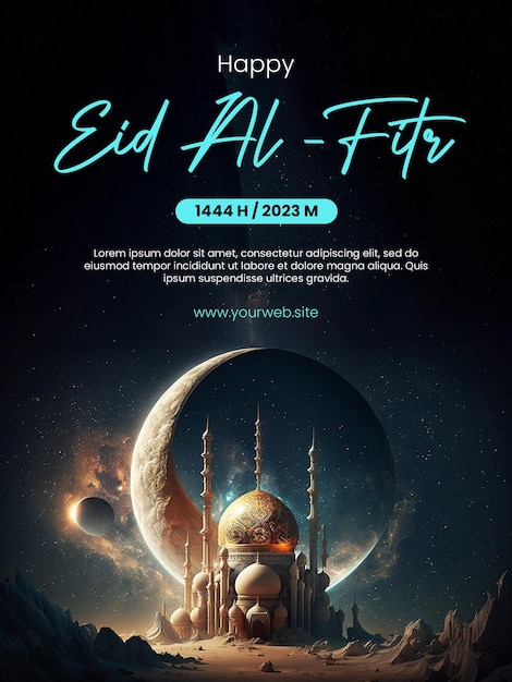 Happy Eid AlFitr poster with a mosque background with a space theme