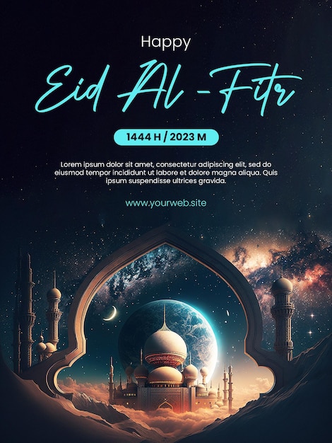 Happy Eid AlFitr poster with a mosque background with a space theme