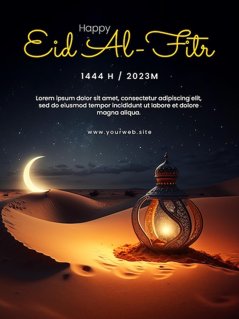 Happy Eid AlFitr social media poster with desert background lanterns mosque