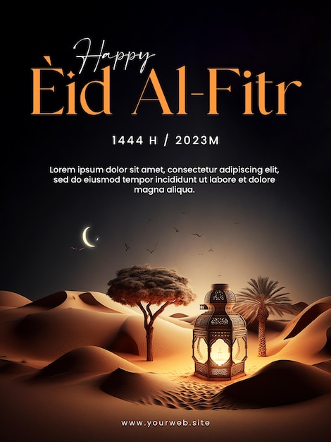 Happy Eid AlFitr social media poster with desert background lanterns mosque