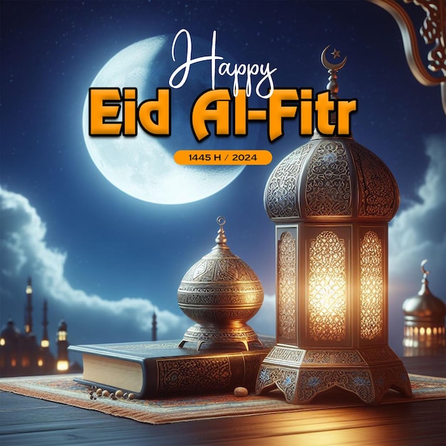 Happy eid mubarak and eid ul fitr social media banner and poster with a background lanterns and moon