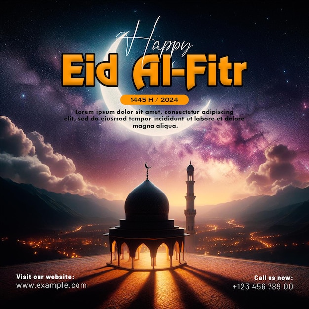 Happy eid mubarak and eid ul fitr social media banner and poster with a background lanterns and moon