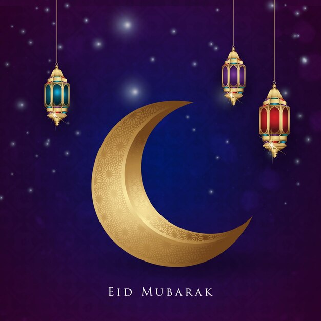 Happy Eid Mubarak greeting card design with moon and crescent