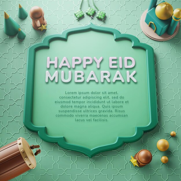 PSD happy eid mubarak islamic celebration greeting card with 3d illustration concept social media post