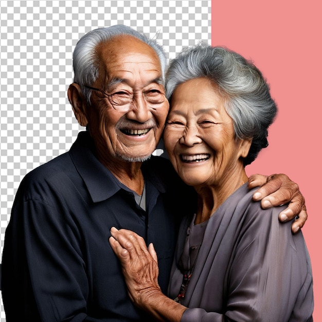 Happy elderly couple smiling and embracing together isolated on transparent background