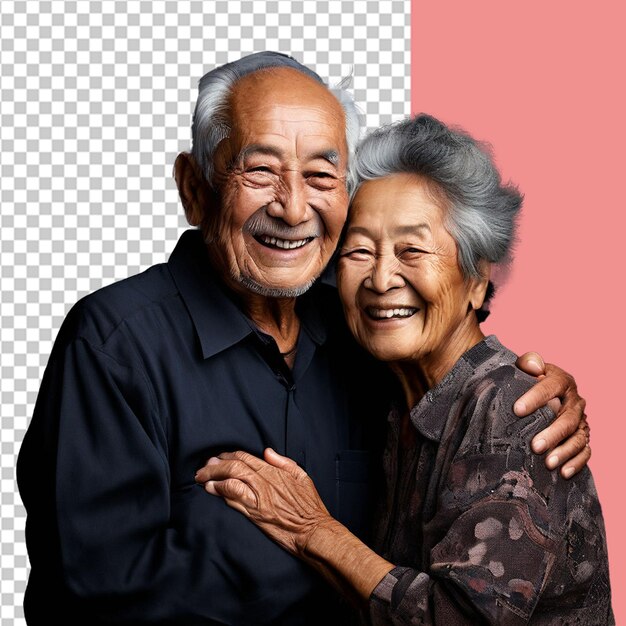 Happy elderly couple smiling and embracing together isolated on transparent background