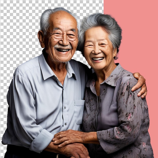 Happy elderly couple smiling and embracing together isolated on transparent background