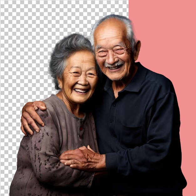 Happy elderly couple smiling and embracing together isolated on transparent background