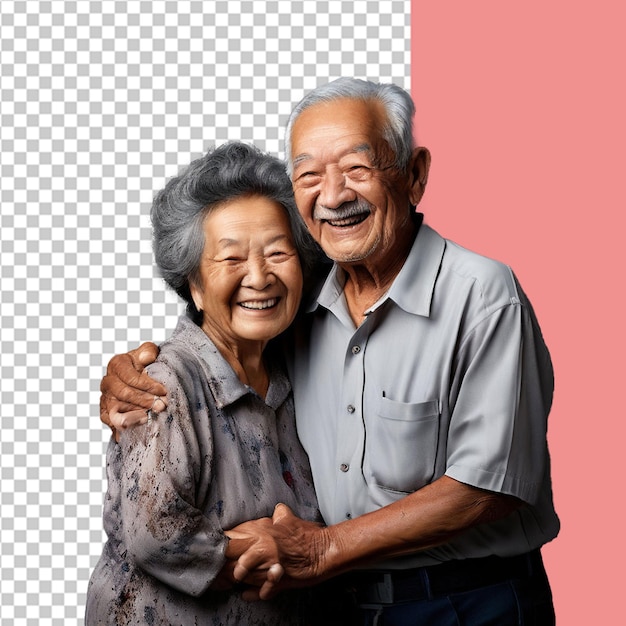 Happy elderly couple smiling and embracing together isolated on transparent background