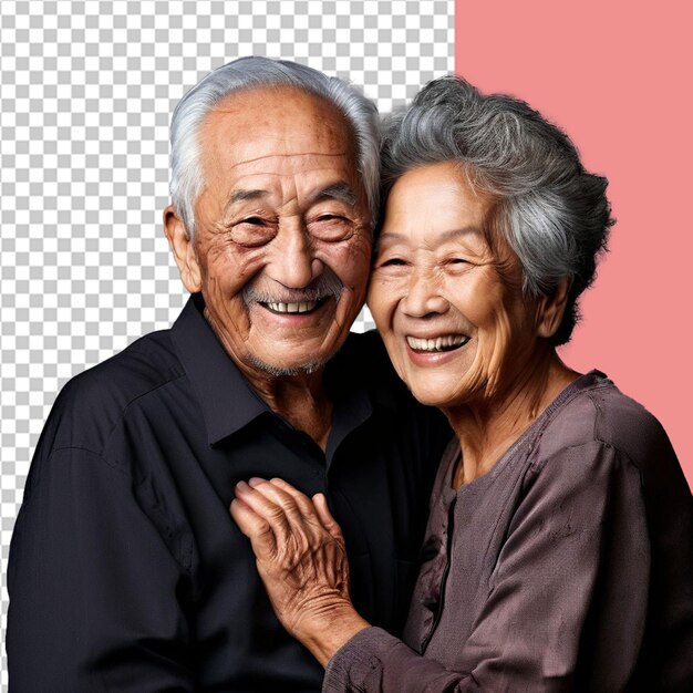 Happy elderly couple smiling and embracing together isolated on transparent background