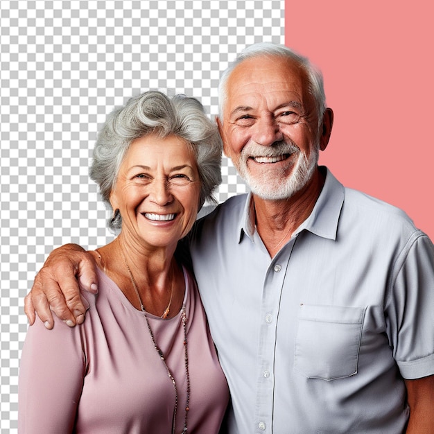 Happy elderly couple smiling and embracing together isolated on transparent background