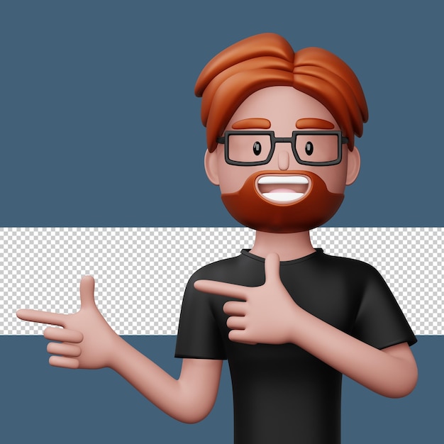 Happy excited man pointing to the side Cute cartoon character 3d rendering