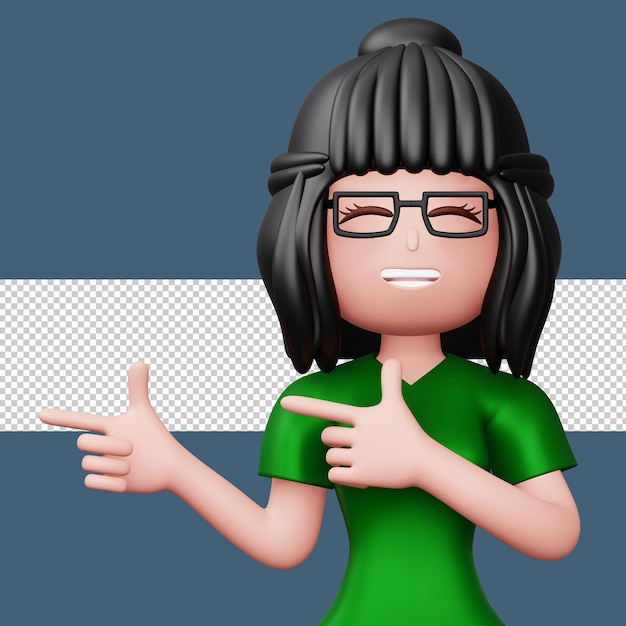 Happy excited woman pointing to the side Cute cartoon character 3d rendering